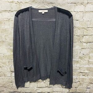 LOFT Gray Black Lace Open Front Cardigan Sweater With Pockets